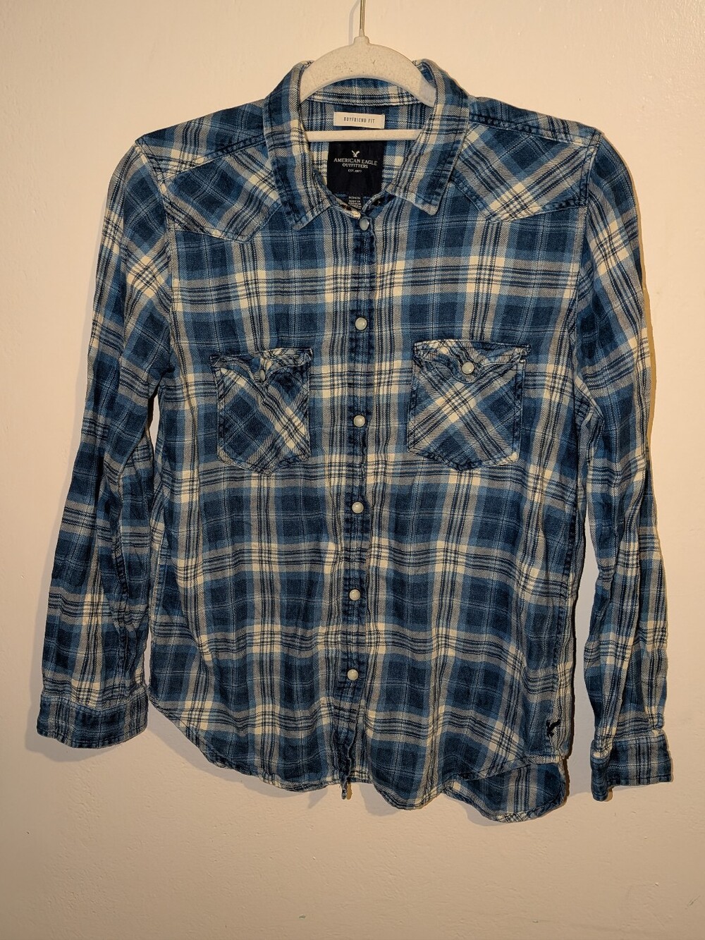 American Eagle Outfitters "Boyfriend Fit" Blue & White Plaid Button-Down Shirt-M